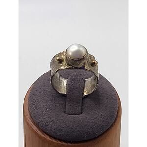Vintage Modernist Faux Pearl Textured Wide Band Ring Silver Tone Size 7.5